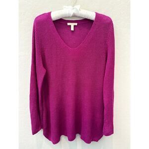 EILEEN FISHER Magenta 100% Organic Linen V-Neck Sweater Open Knit | Small